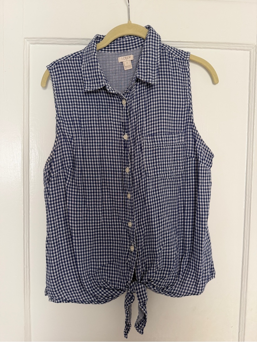 J. Crew Navy and White Gingham Tie-Front Sleeveless Button-Up Top